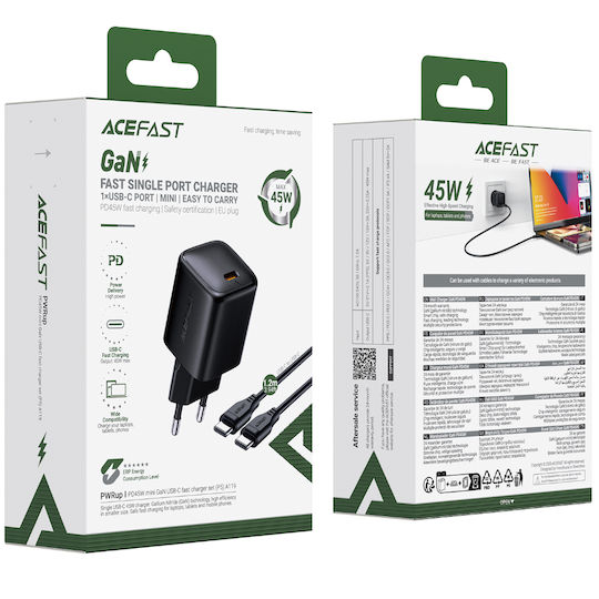 Acefast Φορτιστής GaN με Θύρα USB-C και Καλώδιο USB-C - USB-C 45W Quick Charge 3.0 Μαύρος (A119)