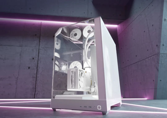V2-F Gaming Middle Tower Carcasă PC cu Panou Lateral și Iluminare RGB Alb