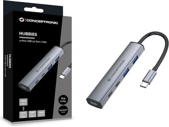Conceptronic USB Hub 4 Ports USB 3.2 with USB-C Connection Grey