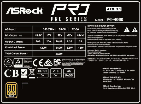 ASRock PRO-M850G 850W Black Computer Power Supply Full Modular 80 Plus Gold
