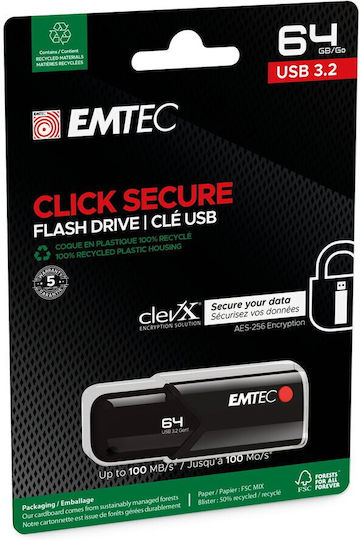Emtec Click Secure 64GB USB 3.2 Стик Черен