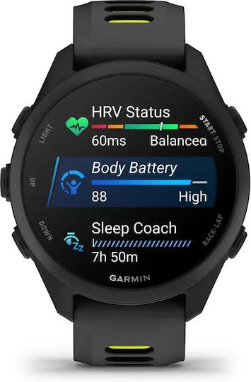 Garmin Forerunner 170 Music 43 mm Smartwatch rezistent la apă cu monitorizarea ritmului cardiac (Negru cu curea neagră/galben amped)