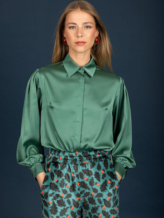 Long-Sleeve Women's Satin Shirt Teal