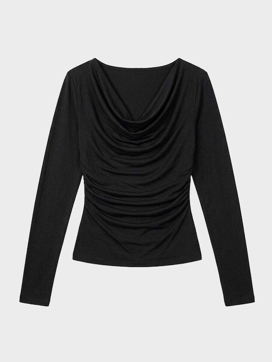 Women's Long-Sleeve Draped Blouse Black