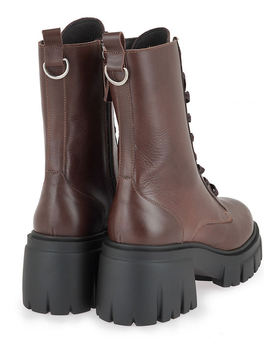 Braune Damen-Leder-Kampfstiefel mit hohem Absatz