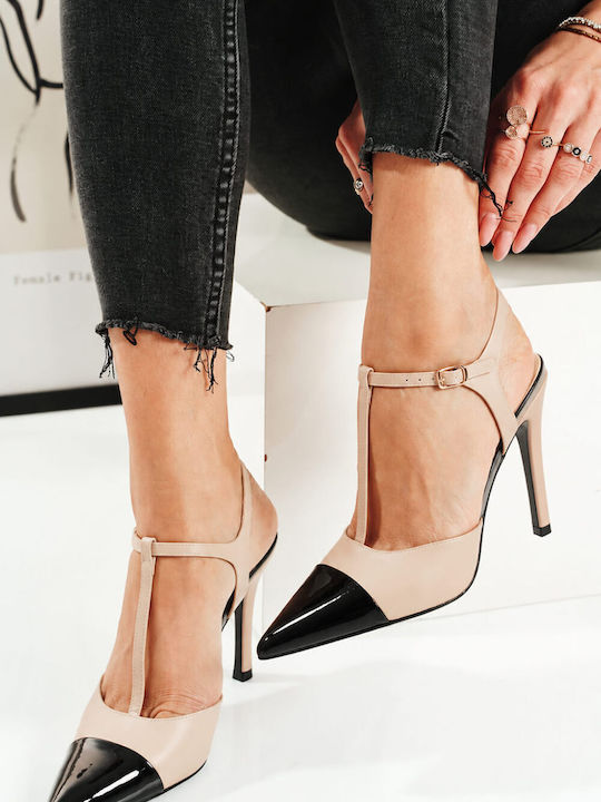 Nude Zweifarbige T-Strap Pumps Aus Lackleder Mit Spitze