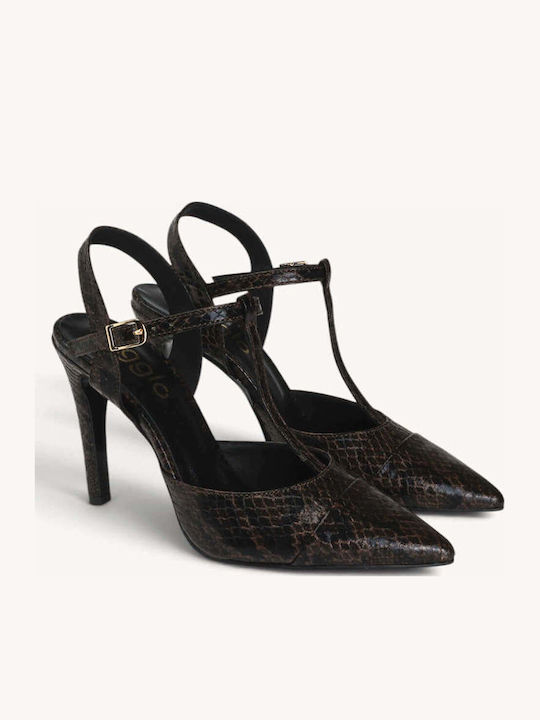 Braune Pumps mit Schlangenmuster, T-Riemchen und Dünnem Absatz