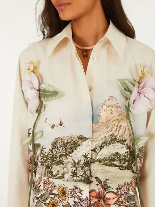 Long Sleeve Women's Cotton Shirt Off-White Floral