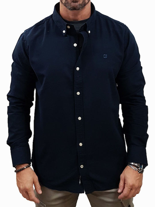 Rebase Памучна Риза Regular Fit Navy Melange
