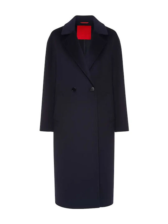 Wool Women's Coat Dark Blue with Buttons