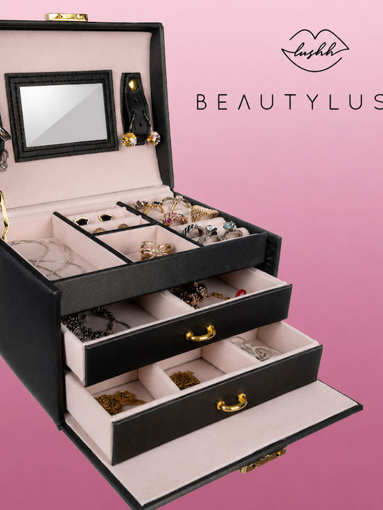 Beautylushh Metal Jewellery Box with Drawer & Mirror Black 17.5x14x12cm