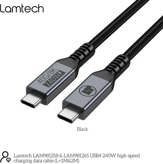 Lamtech Geflochtenes USB-4-Videokabel USB-C-Stecker – USB-C / DisplayPort 240 W PD Schwarz 1 m LAM981258