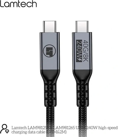 Lamtech Geflochtenes USB-4-Videokabel USB-C-Stecker – USB-C / DisplayPort 240 W PD Schwarz 1 m LAM981258