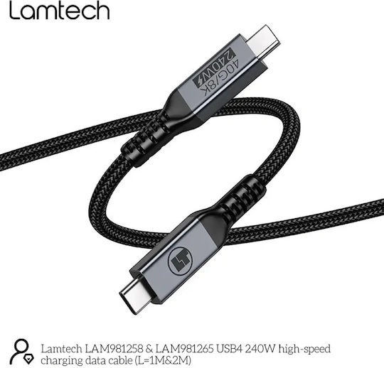 Lamtech Geflochtenes USB-4-Videokabel USB-C-Stecker – USB-C / DisplayPort 240 W PD Schwarz 1 m LAM981258