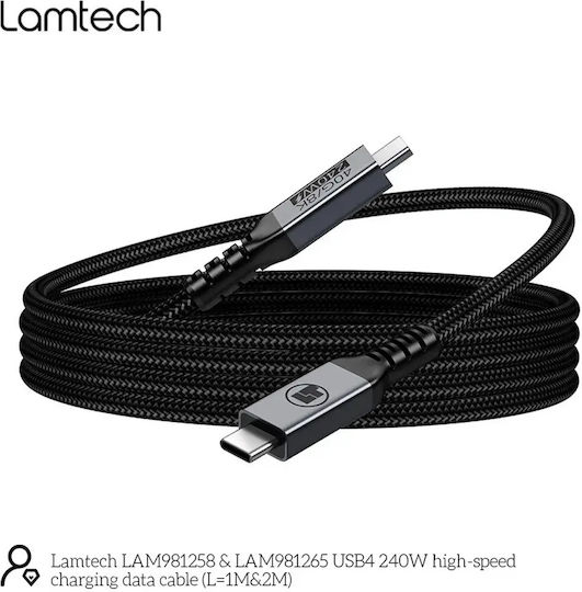 Lamtech Geflochtenes USB-4-Videokabel USB-C-Stecker – USB-C / DisplayPort 240 W PD Schwarz 1 m LAM981258