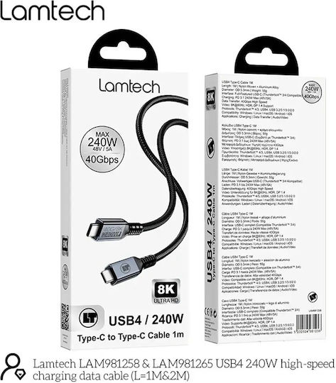 Lamtech Geflochtenes USB-4-Videokabel USB-C-Stecker – USB-C / DisplayPort 240 W PD Schwarz 1 m LAM981258