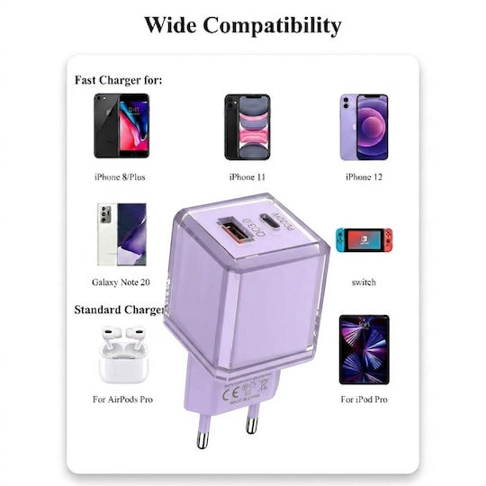 Leewello Ladegerät Ohne Kabel mit USB-A- und USB-C-Anschluss 20 W Power Delivery / Quick Charge 3.0 Lila (783192-Purple)