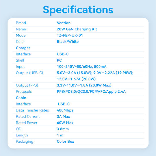 Vention GaN Charger with USB-C Port and USB-C - USB-C Cable 20W Black (FEPB0-UK-01)