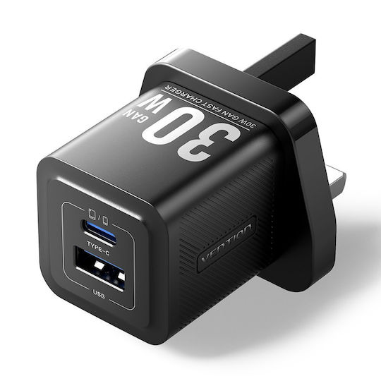 Vention Φορτιστής Χωρίς Καλώδιο GaN με Θύρα USB-A και Θύρα USB-C 30W Power Delivery / Quick Charge 3.0 Μαύρος (FEQB0-UKFEQB0-UK)