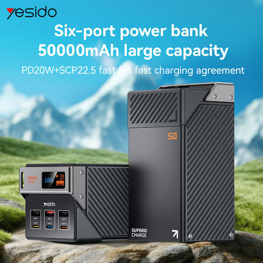 Yesido YP63 Външна батерия 50000mAh 22.5W с 3 USB-A порта и 3 USB-C порта Power Delivery / Quick Charge / PPS Черна