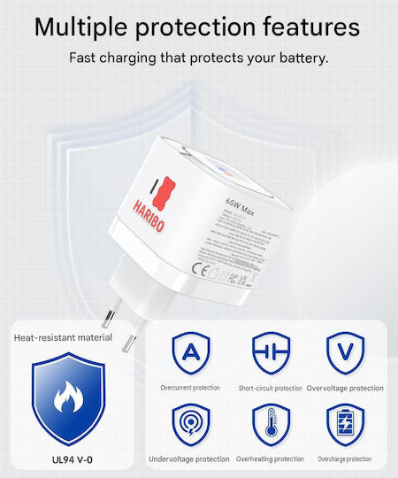 Haribo Stație de Încărcare GaN cu Port USB-A și Port USB-C 65 W Quick Charge 3.0 în Culoare Roșie (X002FIF2DD)