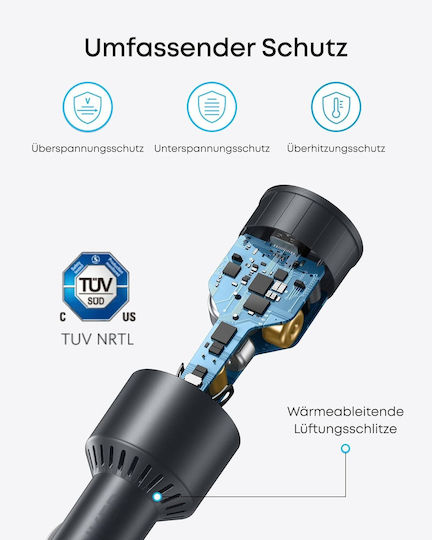 Anker 167.5W Car Charger with Ports: 1xUSB-A 2xType-C, Including Type-C Cable, Grey Colour