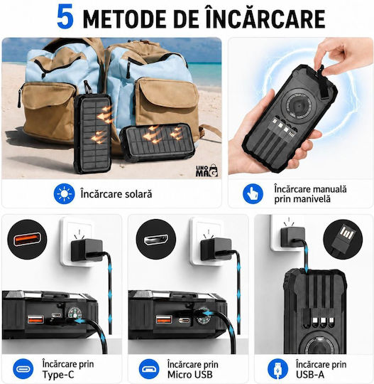 Linomag Solar Power Bank 20000mAh 22.5W with USB-A Port and USB-C Power Delivery Port Black