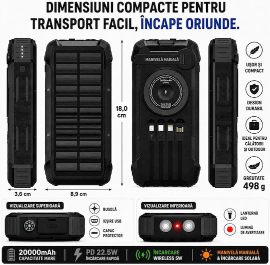 Linomag Solar Power Bank 20000mAh 22.5W with USB-A Port and USB-C Power Delivery Port Black