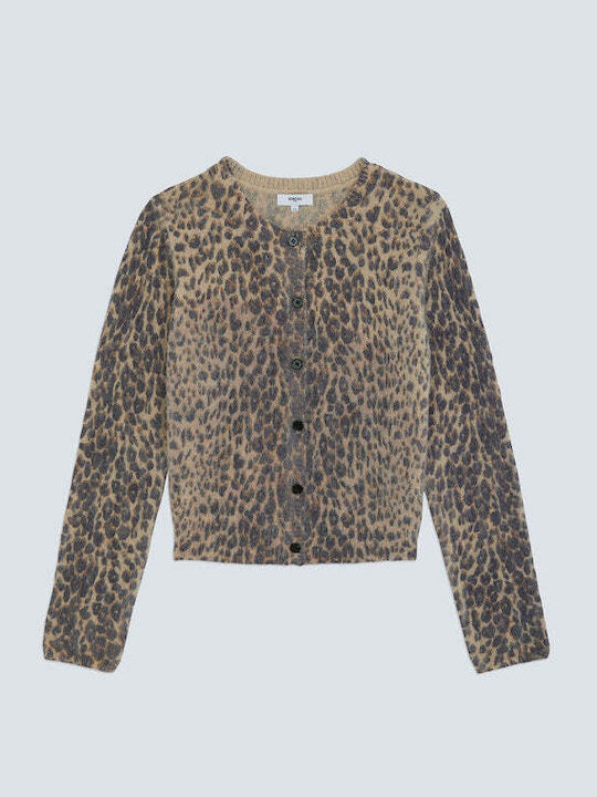 Gacia Long Knitted Women's Cardigan with Leopard Print Buttons