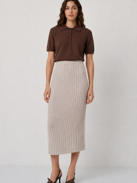 High-Waisted Midi Skirt Beige-Melange
