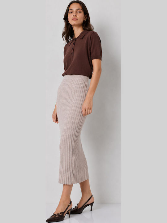 High-Waisted Midi Skirt Beige-Melange