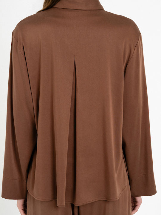 Langärmeliges Damen-Satinhemd Dark Brown