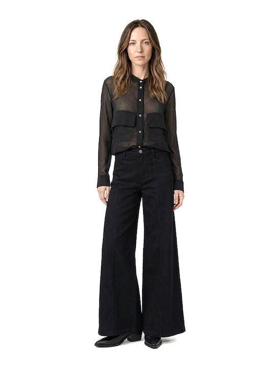 Damenhose mit hoher Taille und weitem Bein Schwarz