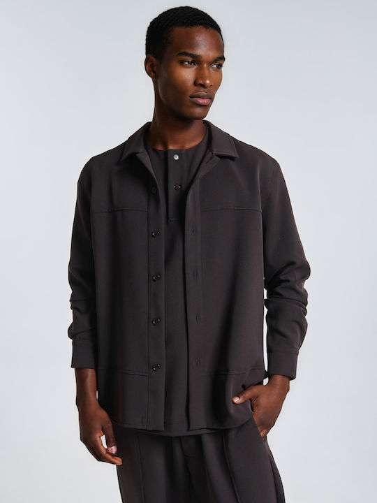 Μακρυμάνικo Overshirt σε Κανονική Γραμμή Καφέ