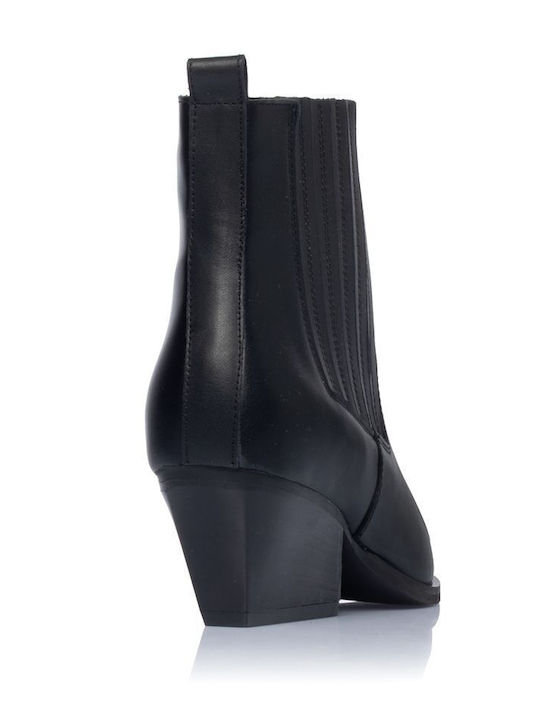 Leather Women's Cowboy Ankle Boots with Mid Heel Black