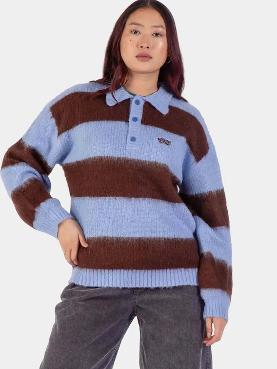 Gestreiftes Langärmeliges Damen-Polohemd Blue/Brown Stripe