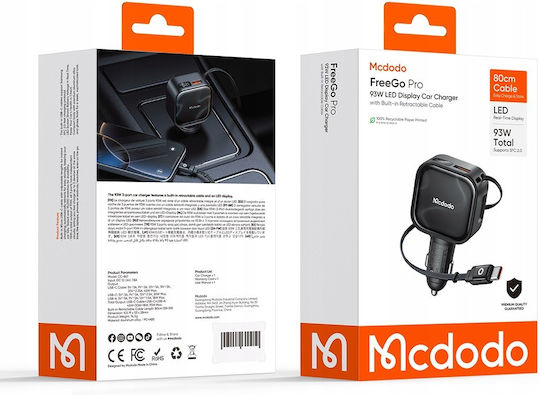 Mcdodo Φορτιστής Αυτοκινήτου 93W με Θύρες: 2xUSB-A 1xType-C μαζί με Καλώδιο Type-C Μαύρο Χρώμα