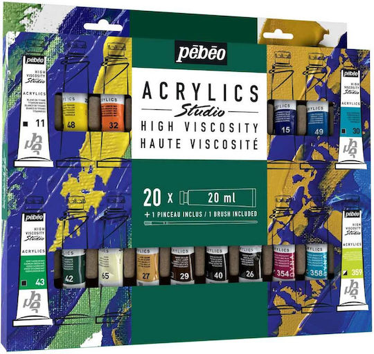Комплект акрилни бои Studio Acrylics 20x20 ml с четка Pébéo