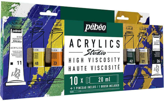 Set Culori Acrilice Studio Acrylics 10x20 ml cu Pensulă Pébéo