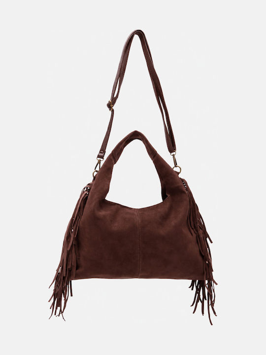 Dark Brown Fabric Women's Shoulder Bag in Suede with Fringes