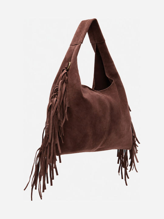 Dark Brown Fabric Women's Shoulder Bag in Suede with Fringes