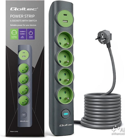 Qoltec Πολύπριζο Aσφαλείας με USB-A, 1 USB-C και Διακόπτη Πράσινο