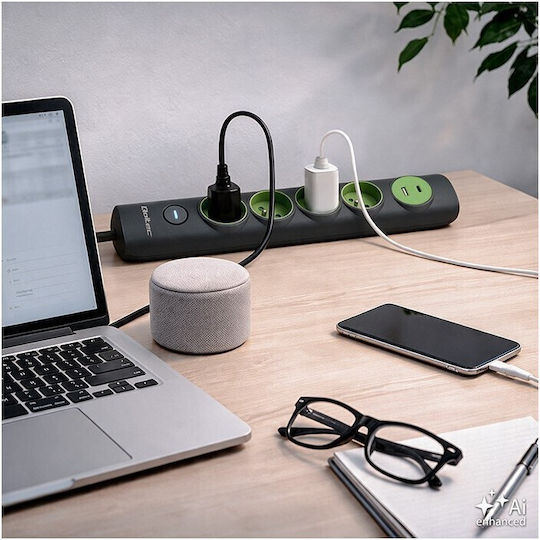 Qoltec Πολύπριζο Aσφαλείας με USB-A, 1 USB-C και Διακόπτη Πράσινο