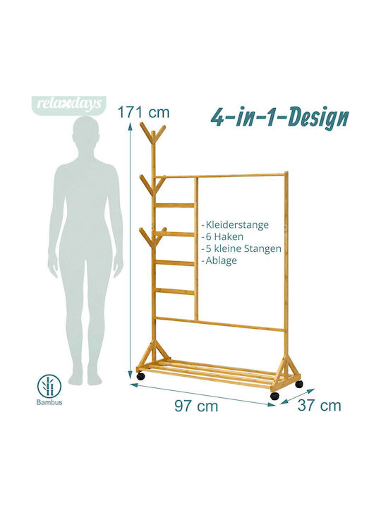 Relaxdays Τροχήλατη Κρεμάστρα Δαπέδου από Bamboo Μπεζ 171x97cm