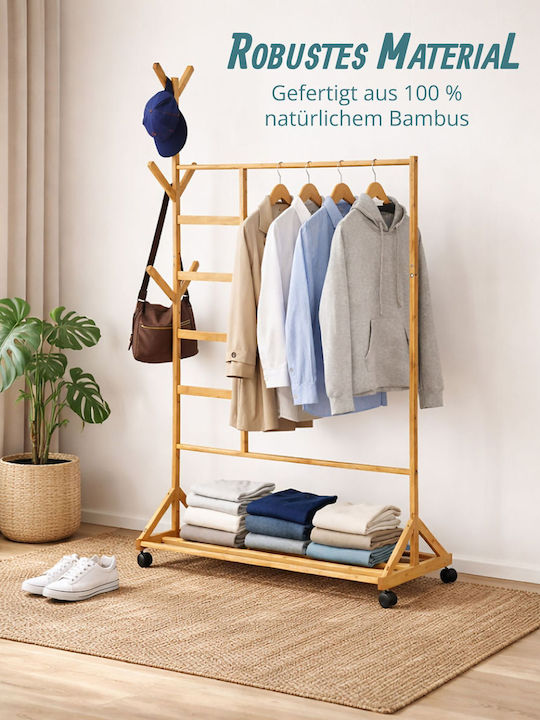 Relaxdays Τροχήλατη Κρεμάστρα Δαπέδου από Bamboo Μπεζ 171x97cm