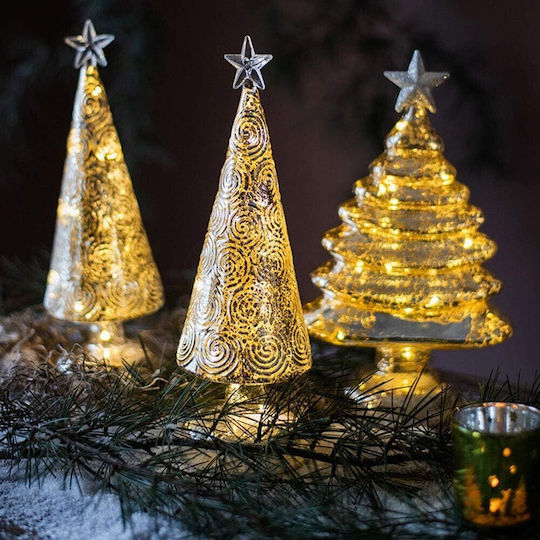 Brad Decorativ de Crăciun din Sticlă, cu Lumină LED, 22 cm, Auriu Brad Decorativ de Crăciun din Sticlă, cu Lumină LED, 22 cm, Auriu