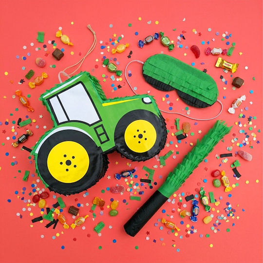 Relaxdays Tractor Piñata Set Yellow Green Black Mask Stick