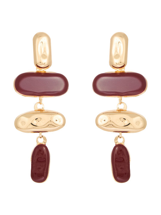 Boho Chic Κρεμαστά Σκουλαρίκια Μπορντώ Enamel Gold