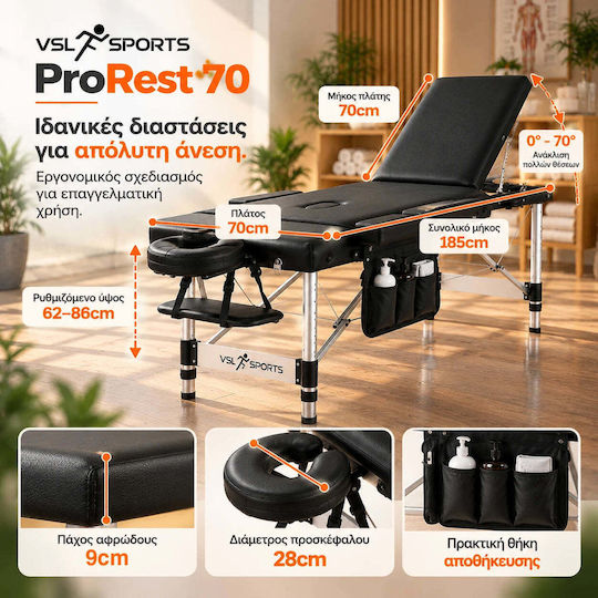 VSL Sports ProRest Pat de Fizioterapie Portabil/Pliabil Negru din Aluminiu 185x70cm