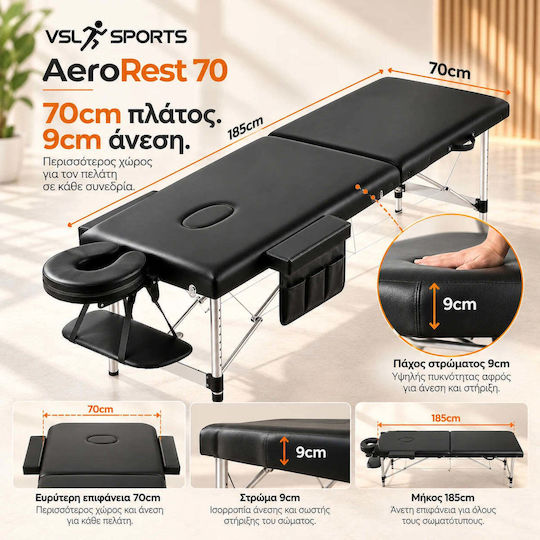 VSL Sports AeroRest Pat de Fizioterapie Portabil/Pliabil Negru din Aluminiu 185x70cm